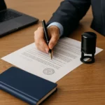 Notary public stamping and signing a legal document on a wooden desk with a pen and seal