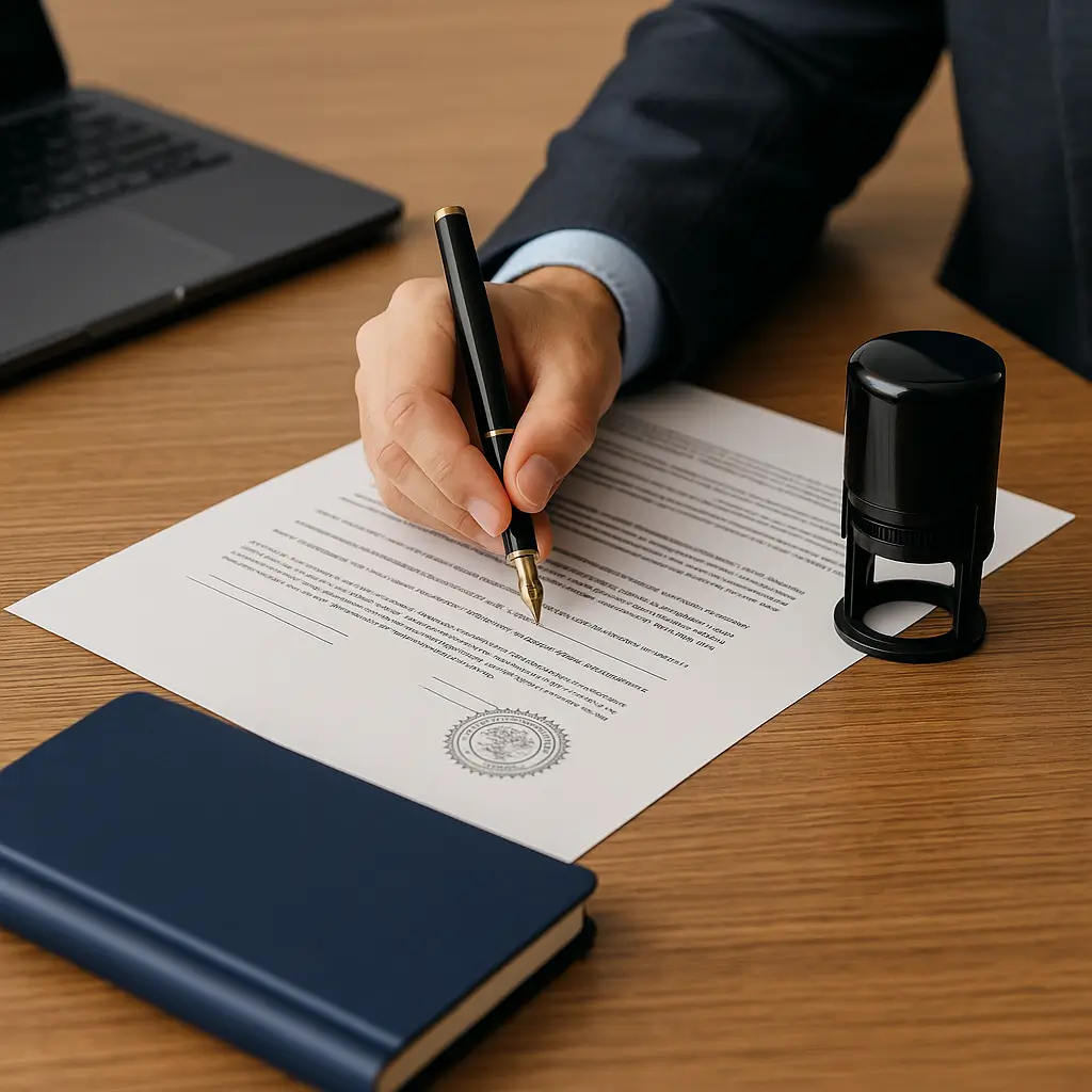 Notary public stamping and signing a legal document on a wooden desk with a pen and seal