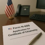 Form N-600 Application for Certificate of Citizenship placed on a desk with a pen, alongside a small U.S. flag, office phone, keyboard, and computer monitor in the background.