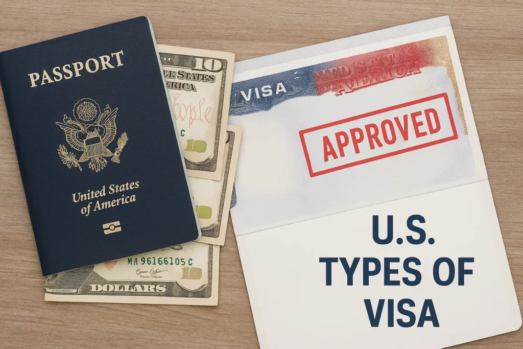 USA types of visa with american passport, us dollars and a sign saying approved, refering to the Visa application