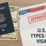 USA types of visa with american passport, us dollars and a sign saying approved, refering to the Visa application