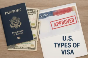 USA types of visa with american passport, us dollars and a sign saying approved, refering to the Visa application