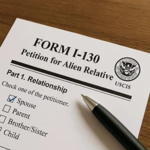 Form I130 paper with a pen next to it and the Spuse option marked in the paper