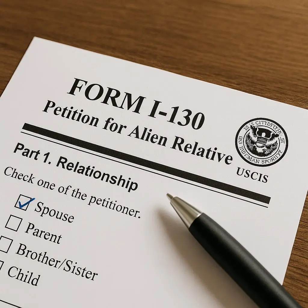 Form I130 paper with a pen next to it and the Spuse option marked in the paper