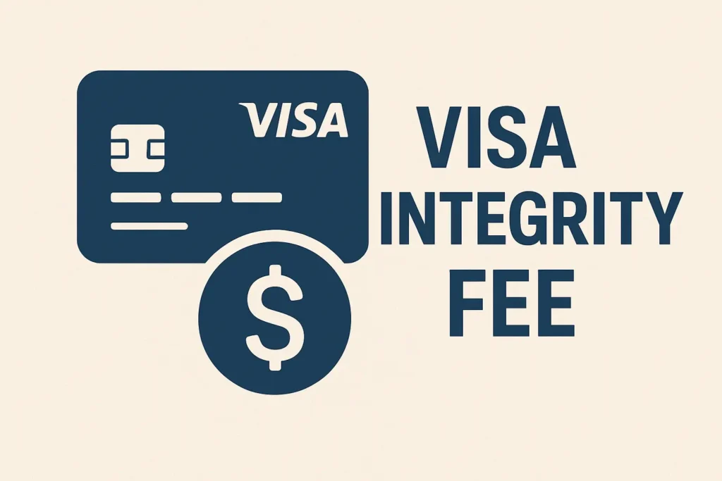 Dark blue graphic of a credit card with a dollar sign symbol, next to bold text reading "Visa Integrity Fee" on a light beige background. The image visually represents a financial charge associated with Visa card transactions.