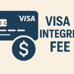 Dark blue graphic of a credit card with a dollar sign symbol, next to bold text reading "Visa Integrity Fee" on a light beige background. The image visually represents a financial charge associated with Visa card transactions.