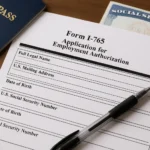 A close-up of a blank Form I-765, Application for Employment Authorization, with a black pen placed diagonally on it. A U.S. Social Security card and two blue passports, one labeled "PASS," are partially visible in the background, suggesting the form is being prepared for immigration or work authorization purposes.