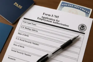 A close-up of a blank Form I-765, Application for Employment Authorization, with a black pen placed diagonally on it. A U.S. Social Security card and two blue passports, one labeled "PASS," are partially visible in the background, suggesting the form is being prepared for immigration or work authorization purposes.