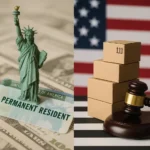 Split-image showing immigration and tariff themes. On the left, a miniature Statue of Liberty stands atop a U.S. Permanent Resident card and scattered hundred-dollar bills, symbolizing immigration and legal residency. On the right, stacked cardboard boxes next to a judge’s gavel sit in front of a blurred American flag, representing tariff regulations and trade enforcement. Keywords: Immigration and Tariff Updates.