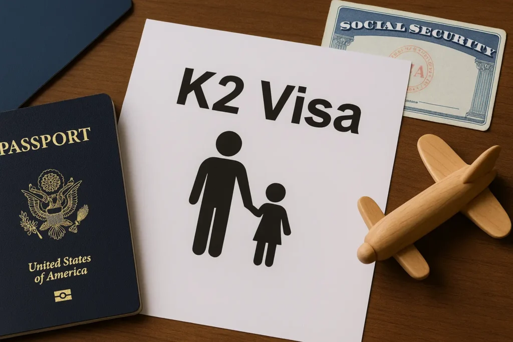 A flat lay image featuring a K2 visa document with an icon of an adult and child holding hands, symbolizing dependent immigration. Surrounding items include a U.S. passport, a Social Security card, and a wooden toy airplane, all set on a wooden surface.