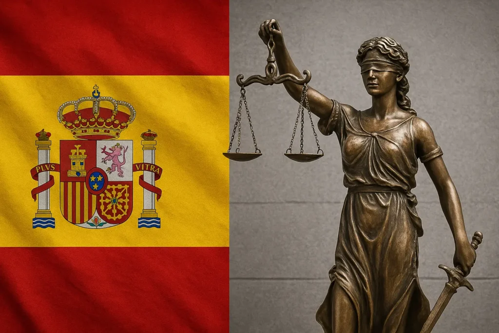 Statue of Lady Justice holding scales and a sword stands beside the Spanish flag, symbolizing legal justice and citizenship rights. This image represents the concept of Nationality by the Democratic Memory Law in Spain for descendants of Spanish exiles, a topic of growing interest among U.S. residents with Spanish ancestry.