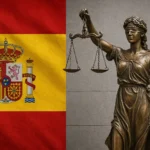 Statue of Lady Justice holding scales and a sword stands beside the Spanish flag, symbolizing legal justice and citizenship rights. This image represents the concept of Nationality by the Democratic Memory Law in Spain for descendants of Spanish exiles, a topic of growing interest among U.S. residents with Spanish ancestry.