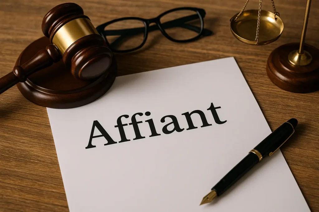 A legal document titled "Affiant" lies on a wooden desk alongside a gavel, fountain pen, eyeglasses, and brass scales of justice. The image suggests a notary public setting where sworn statements are prepared or witnessed.