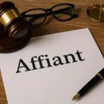 A legal document titled "Affiant" lies on a wooden desk alongside a gavel, fountain pen, eyeglasses, and brass scales of justice. The image suggests a notary public setting where sworn statements are prepared or witnessed.