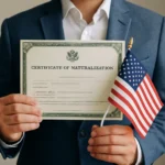 A person in a blue suit holds a Certificate of Naturalization in one hand and a small American flag in the other. The certificate features an official border and emblem, symbolizing the achievement of U.S. citizenship.