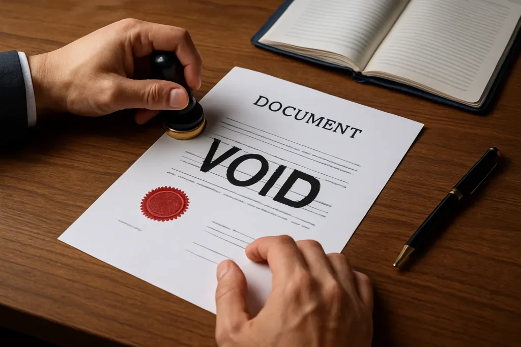 Close-up of a notary stamping a document marked “VOID” with a red seal on a wooden desk, symbolizing a voided notarized document.
