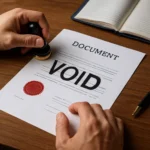 Close-up of a notary stamping a document marked “VOID” with a red seal on a wooden desk, symbolizing a voided notarized document.