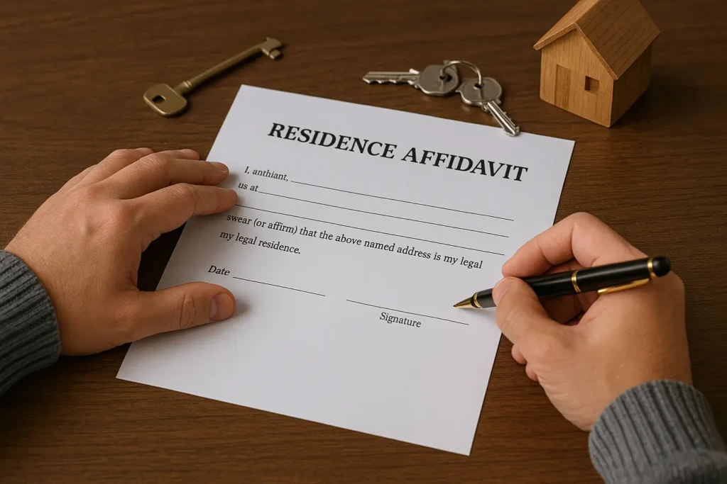 A person signs a residence affidavit form on a wooden desk, with a house key and small wooden house model nearby.