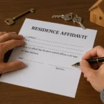 A person signs a residence affidavit form on a wooden desk, with a house key and small wooden house model nearby.