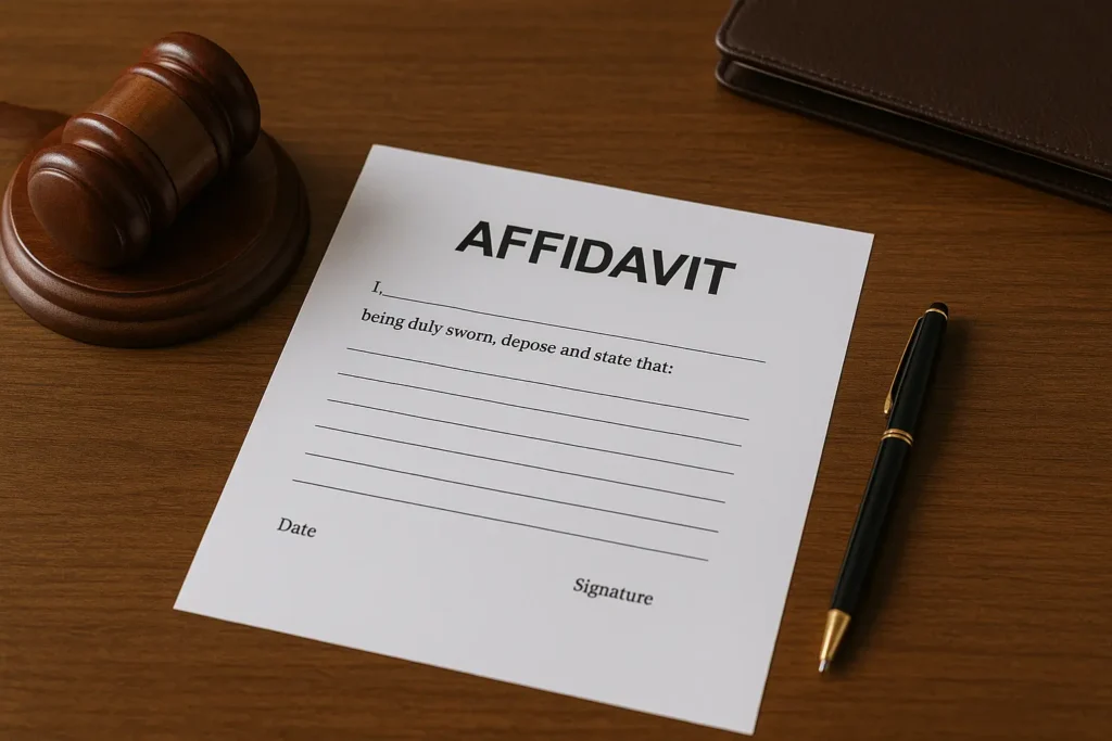 An affidavit document with blank signature lines is placed on a wooden desk beside a gavel, pen, and leather portfolio.