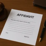 An affidavit document with blank signature lines is placed on a wooden desk beside a gavel, pen, and leather portfolio.