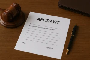 An affidavit document with blank signature lines is placed on a wooden desk beside a gavel, pen, and leather portfolio.