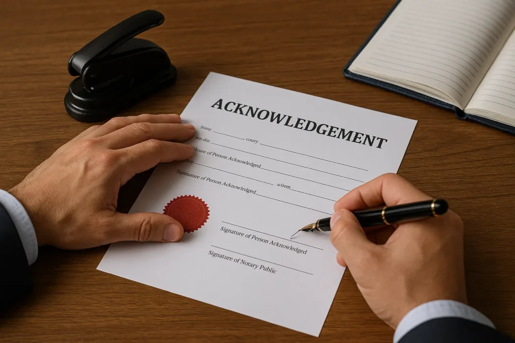 A notary prepares to sign an acknowledgement form with a fountain pen, with a seal and journal visible on a wooden desk.