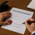 A notary prepares to sign an acknowledgement form with a fountain pen, with a seal and journal visible on a wooden desk.