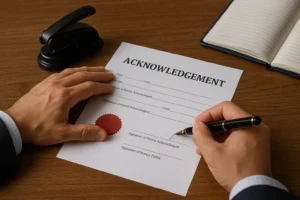 A notary prepares to sign an acknowledgement form with a fountain pen, with a seal and journal visible on a wooden desk.