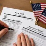 A person fills out immigration paperwork, with Form I-130 and Form I-485 visible on a wooden desk alongside two small American flags. The image visually supports the topic “What Is the Difference Between Form I-130 and I-485” by showing both forms side by side during the application process.