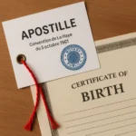 Apostille for birth certificate attached to the official document, showing notary seal and authentication ribbon on a wooden desk.