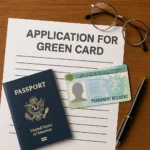 Paperwork and identification items used to apply for a Green Card, including a U.S. passport, permanent resident card, and pen on a wooden desk.