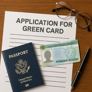 Paperwork and identification items used to apply for a Green Card, including a U.S. passport, permanent resident card, and pen on a wooden desk.