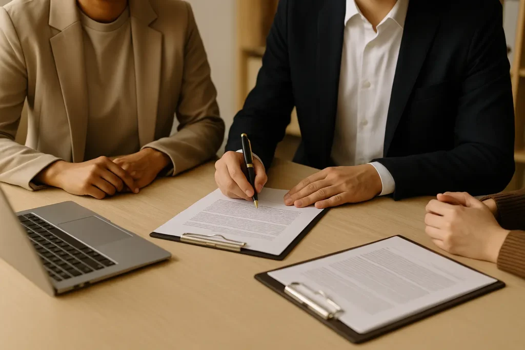Three people reviewing documents at a table during a professional consultation, with no faces visible.