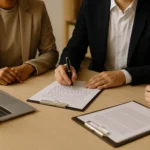 Three people reviewing documents at a table during a professional consultation, with no faces visible.