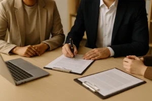 Three people reviewing documents at a table during a professional consultation, with no faces visible.