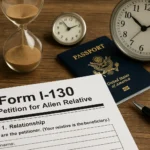 A symbolic image representing I-130 processing time, featuring an hourglass, clocks, a U.S. passport, and immigration paperwork on a wooden desk.