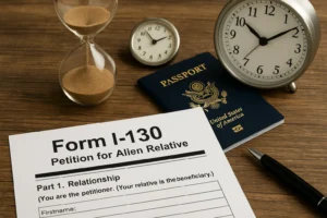 A symbolic image representing I-130 processing time, featuring an hourglass, clocks, a U.S. passport, and immigration paperwork on a wooden desk.