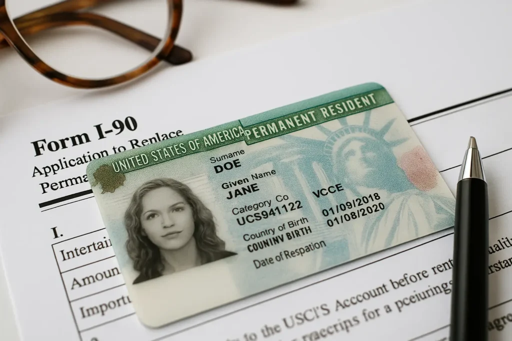 United States Permanent Resident Card placed on Form I-90 application paperwork with a pen and glasses on a desk