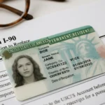 United States Permanent Resident Card placed on Form I-90 application paperwork with a pen and glasses on a desk