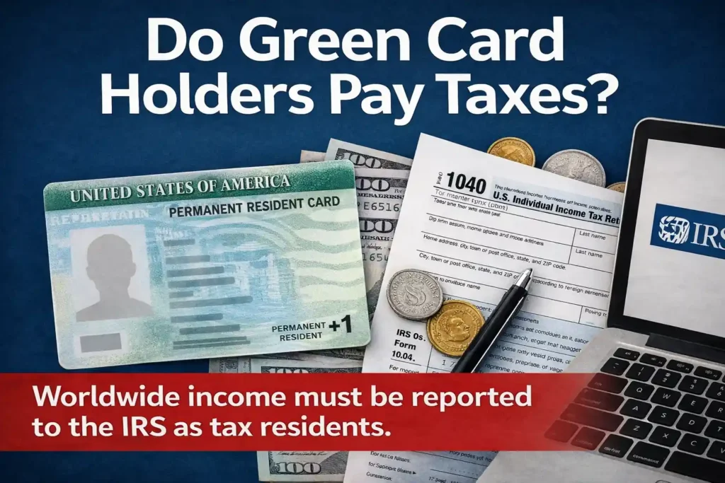 Do Green Card Holders Pay Taxes? Visual showing a U.S. Permanent Resident Card next to IRS Form 1040, U.S. dollars, coins, and a laptop with the IRS logo, illustrating U.S. tax obligations and worldwide income reporting for Green Card holders