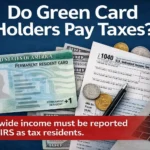 Do Green Card Holders Pay Taxes? Visual showing a U.S. Permanent Resident Card next to IRS Form 1040, U.S. dollars, coins, and a laptop with the IRS logo, illustrating U.S. tax obligations and worldwide income reporting for Green Card holders