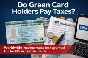 Do Green Card Holders Pay Taxes? Visual showing a U.S. Permanent Resident Card next to IRS Form 1040, U.S. dollars, coins, and a laptop with the IRS logo, illustrating U.S. tax obligations and worldwide income reporting for Green Card holders