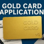 “Gold Card Application” image showing a gold “Gold Card” card, a partially visible USCIS Form I-140G (Immigrant Petition), a pen, and a laptop on a desk.