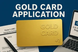 “Gold Card Application” image showing a gold “Gold Card” card, a partially visible USCIS Form I-140G (Immigrant Petition), a pen, and a laptop on a desk.