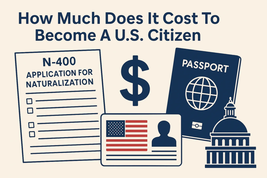 Graphic titled “How Much Does It Cost To Become A U.S. Citizen” showing an N-400 naturalization form, a U.S. passport, a dollar sign, a U.S. ID card, and the U.S. Capitol.