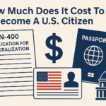 Graphic titled “How Much Does It Cost To Become A U.S. Citizen” showing an N-400 naturalization form, a U.S. passport, a dollar sign, a U.S. ID card, and the U.S. Capitol.