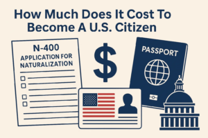 Graphic titled “How Much Does It Cost To Become A U.S. Citizen” showing an N-400 naturalization form, a U.S. passport, a dollar sign, a U.S. ID card, and the U.S. Capitol.