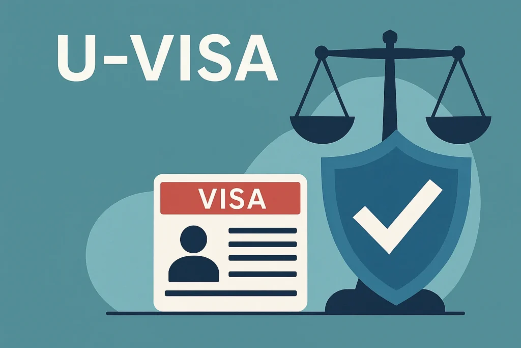 U-Visa illustration with scales of justice, a shield with a check mark, and a visa ID card under the “U-VISA” title