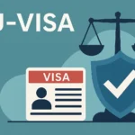 U-Visa illustration with scales of justice, a shield with a check mark, and a visa ID card under the “U-VISA” title